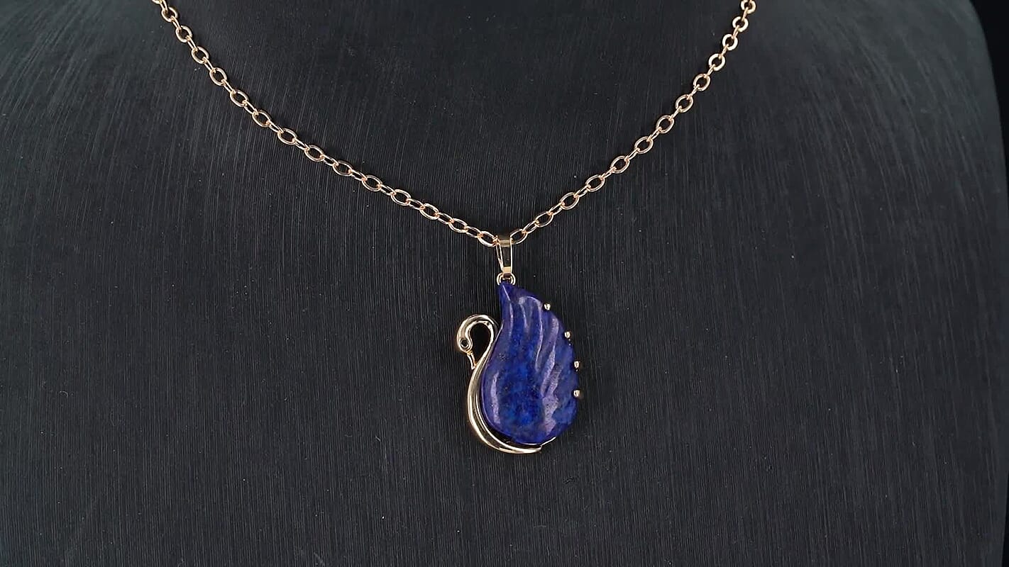 Lapis Lazuli, Simulated Black Diamond Carved Swan Pendant Necklace (20 Inches) in Goldtone 25.00 ctw