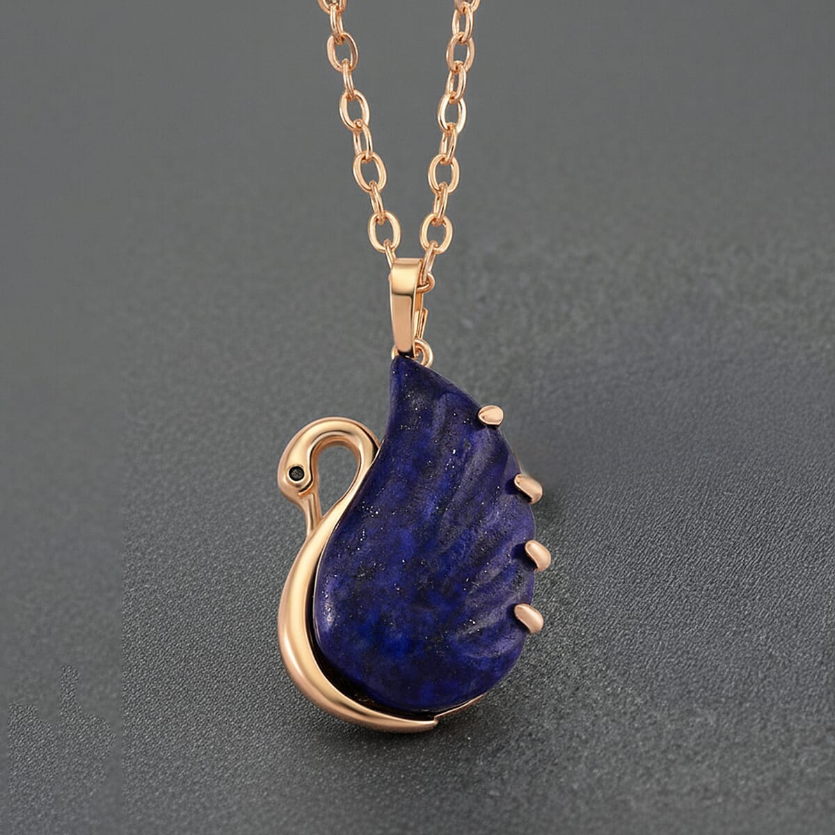 Lapis Lazuli, Simulated Black Diamond 25.00 ctw Carved Swan Pendant Necklace in Goldtone 20 Inches image number 1