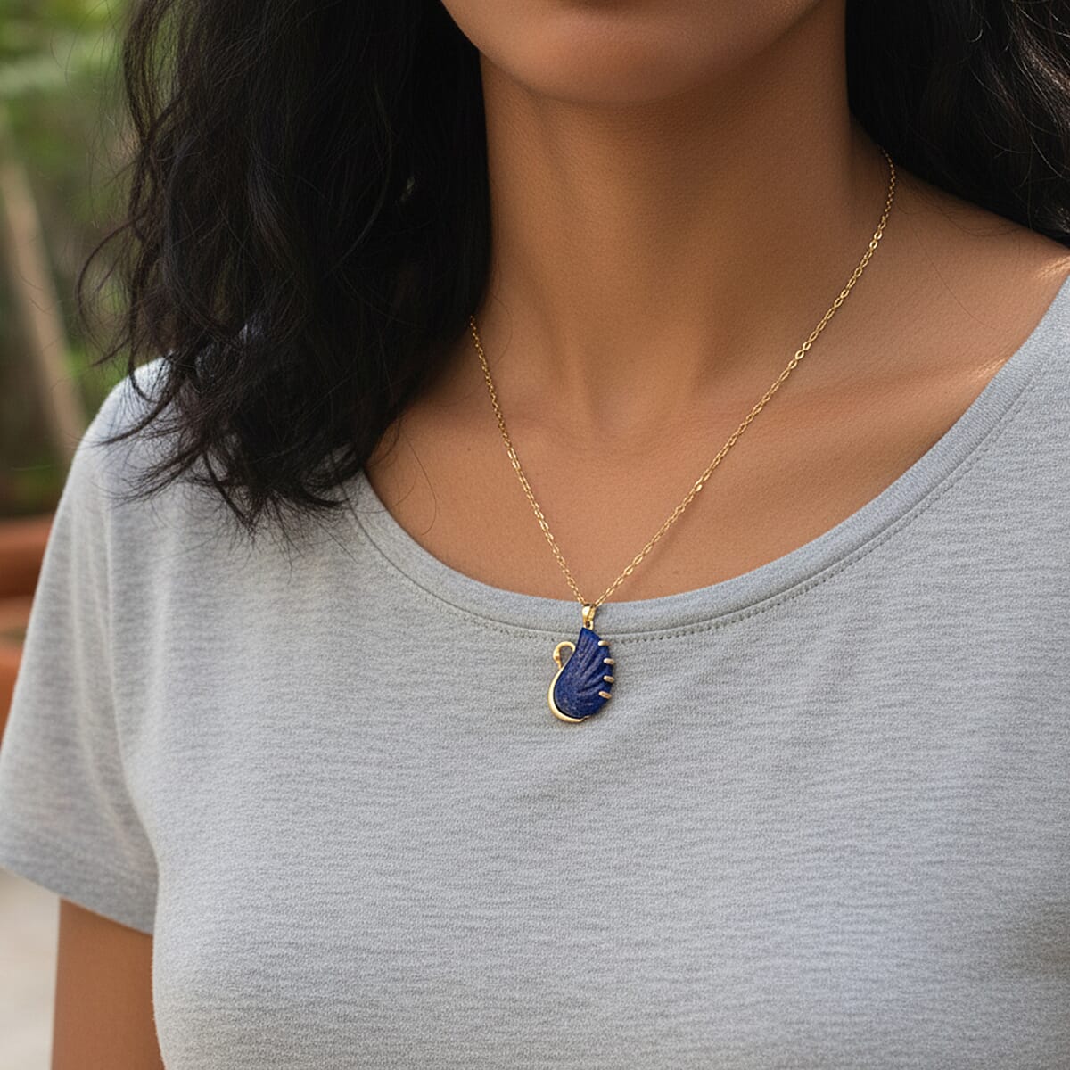 Lapis Lazuli, Simulated Black Diamond 25.00 ctw Carved Swan Pendant Necklace in Goldtone 20 Inches image number 2