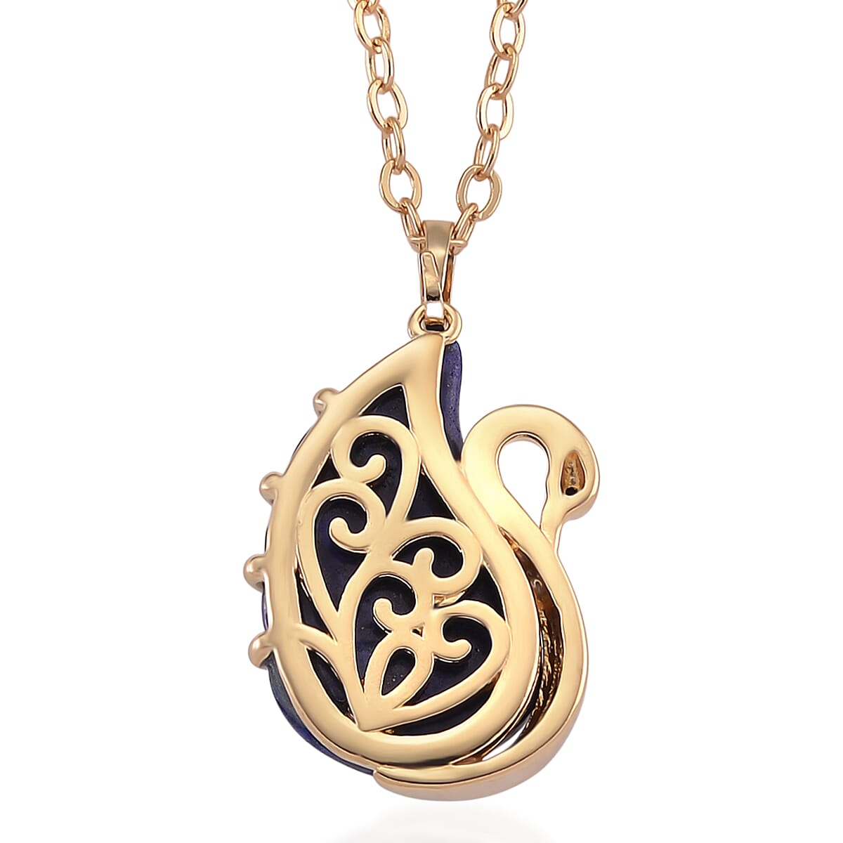 Lapis Lazuli, Simulated Black Diamond 25.00 ctw Carved Swan Pendant Necklace in Goldtone 20 Inches image number 4