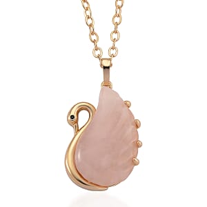 Galilea Rose Quartz and Simulated Black Diamond 25.00 ctw Carved Swan Pendant Necklace in Goldtone 20 Inches