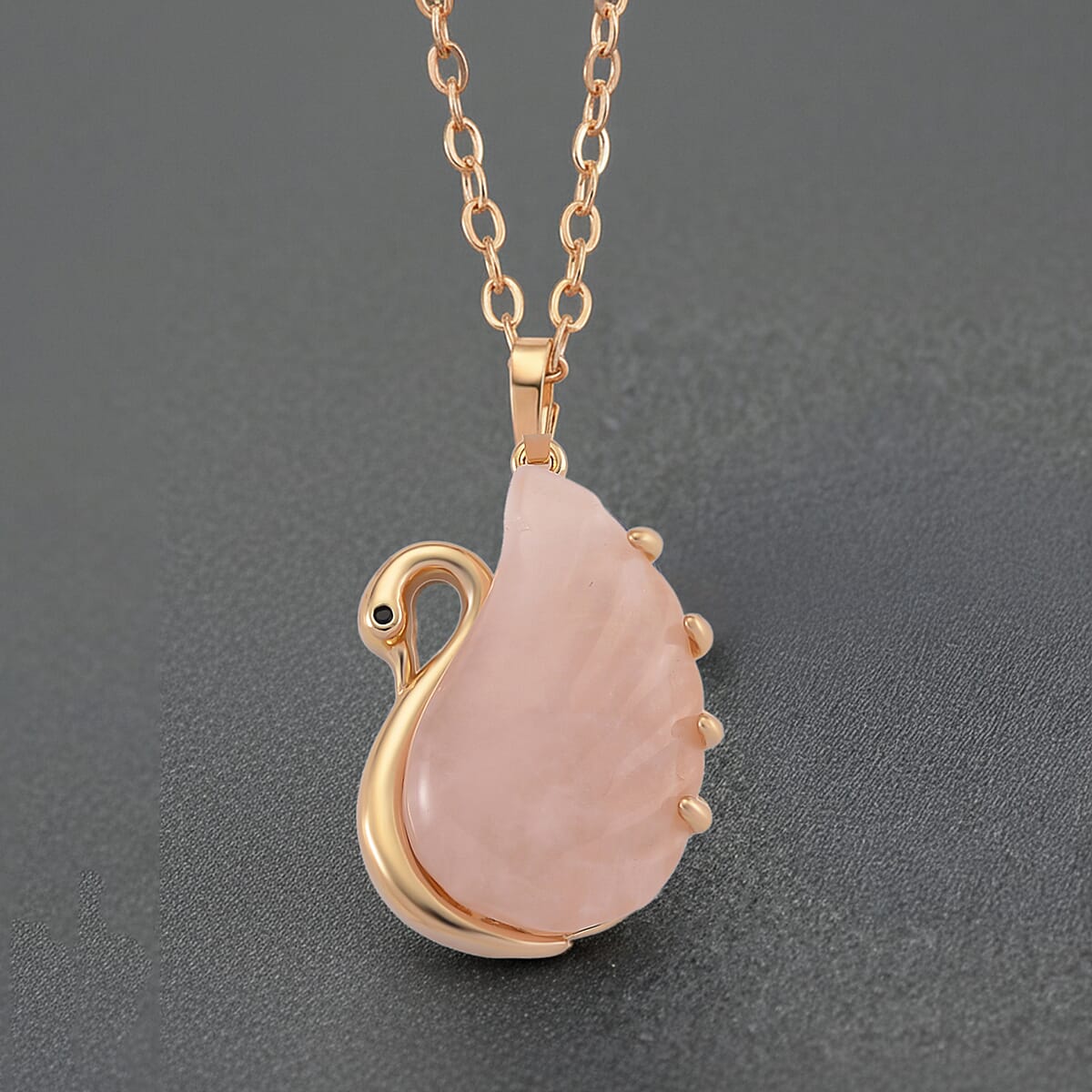 Galilea Rose Quartz and Simulated Black Diamond 25.00 ctw Carved Swan Pendant Necklace in Goldtone 20 Inches image number 1