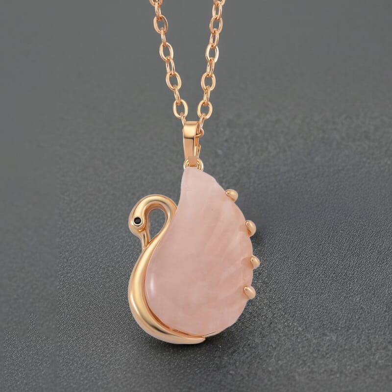 Galilea Rose Quartz and Simulated Black Diamond 25.00 ctw Carved Swan Pendant Necklace in Goldtone 20 Inches