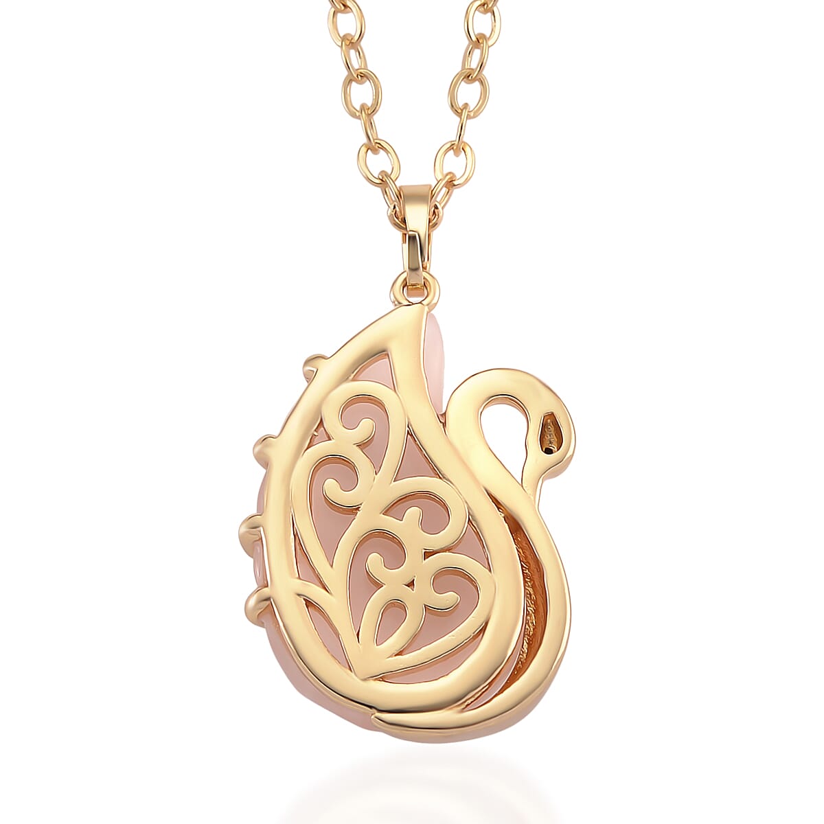 Galilea Rose Quartz and Simulated Black Diamond 25.00 ctw Carved Swan Pendant Necklace in Goldtone 20 Inches image number 4