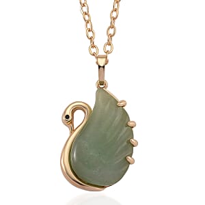 Green Aventurine, Simulated Black Diamond 25.00 ctw Carved Swan Pendant Necklace in Goldtone 20 Inches