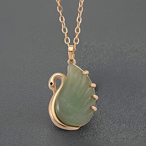 Green Aventurine, Simulated Black Diamond 25.00 ctw Carved Swan Pendant Necklace in Goldtone 20 Inches