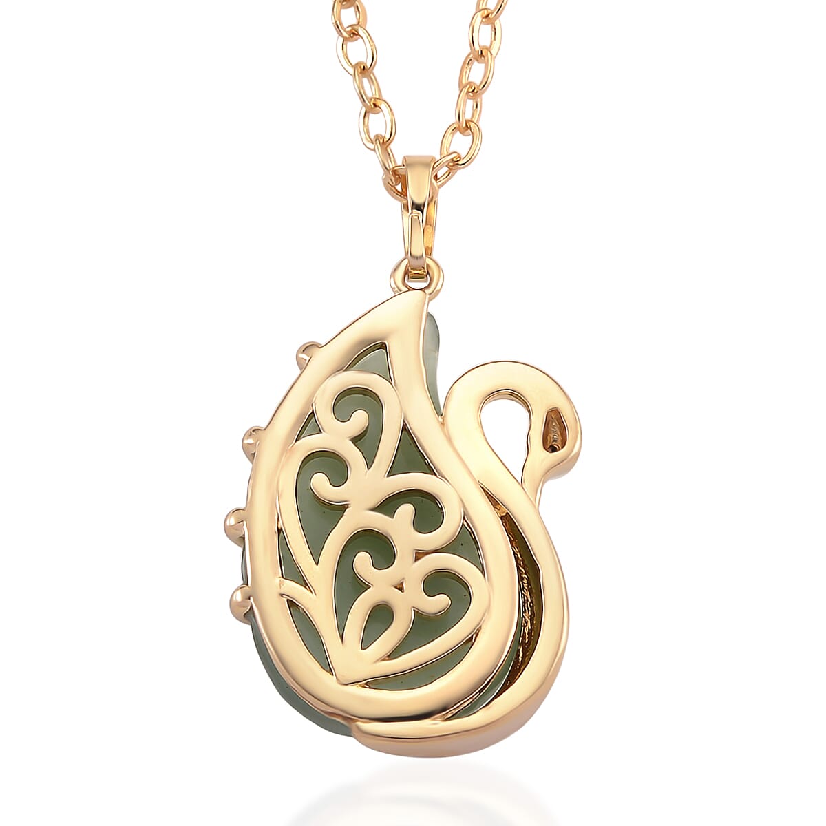Green Aventurine, Simulated Black Diamond 25.00 ctw Carved Swan Pendant Necklace in Goldtone 20 Inches image number 4
