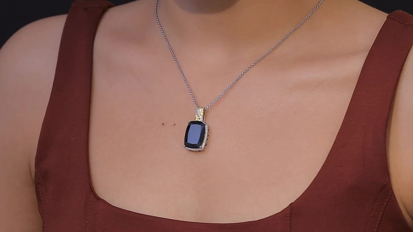 EverTrue Thai Black Spinel and White Zircon 21 ctw Leafwork Pendant in Platinum Bond with Stainless Steel Necklace 20 Inches