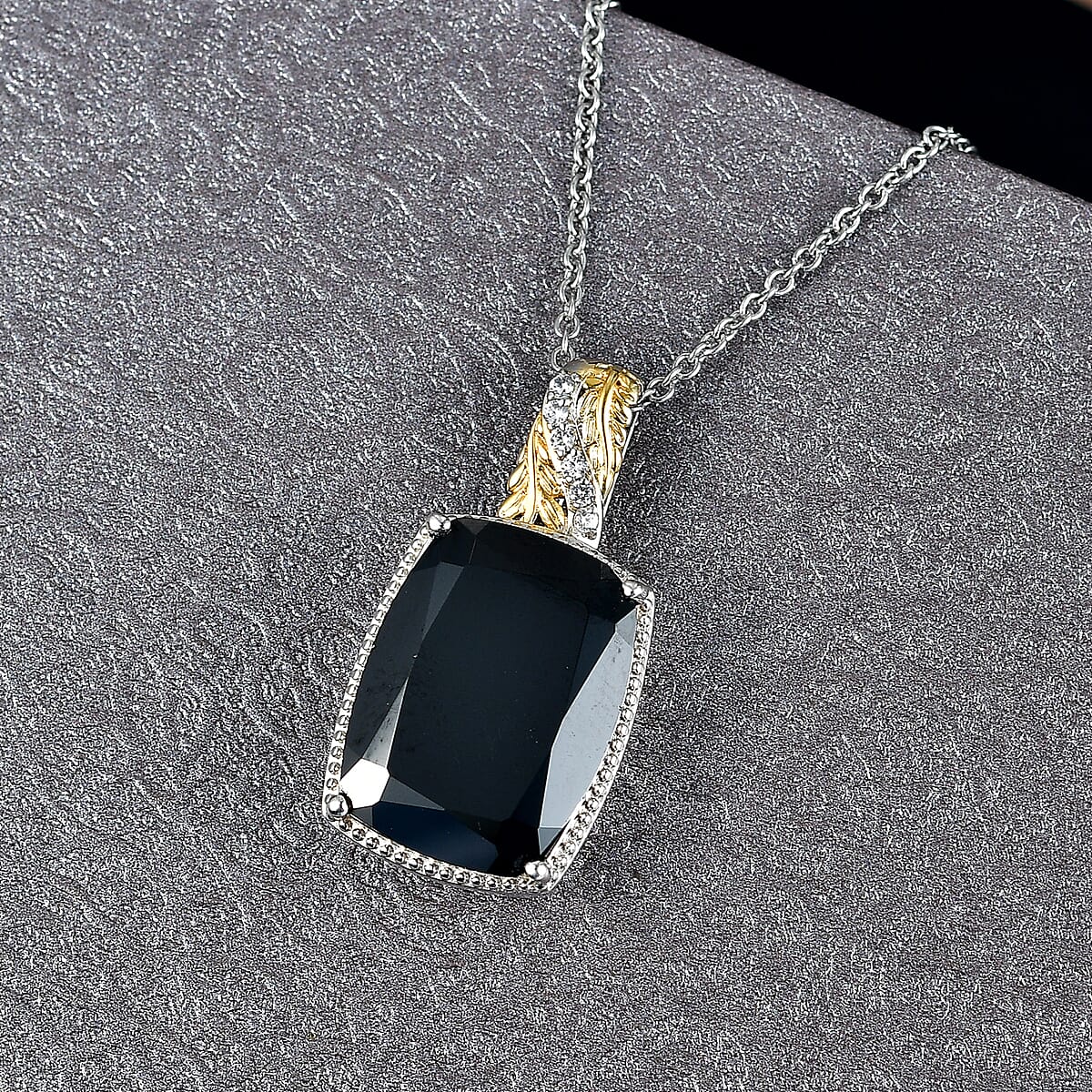 EverTrue Thai Black Spinel and White Zircon 21 ctw Leafwork Pendant in Platinum Bond with Stainless Steel Necklace 20 Inches image number 1