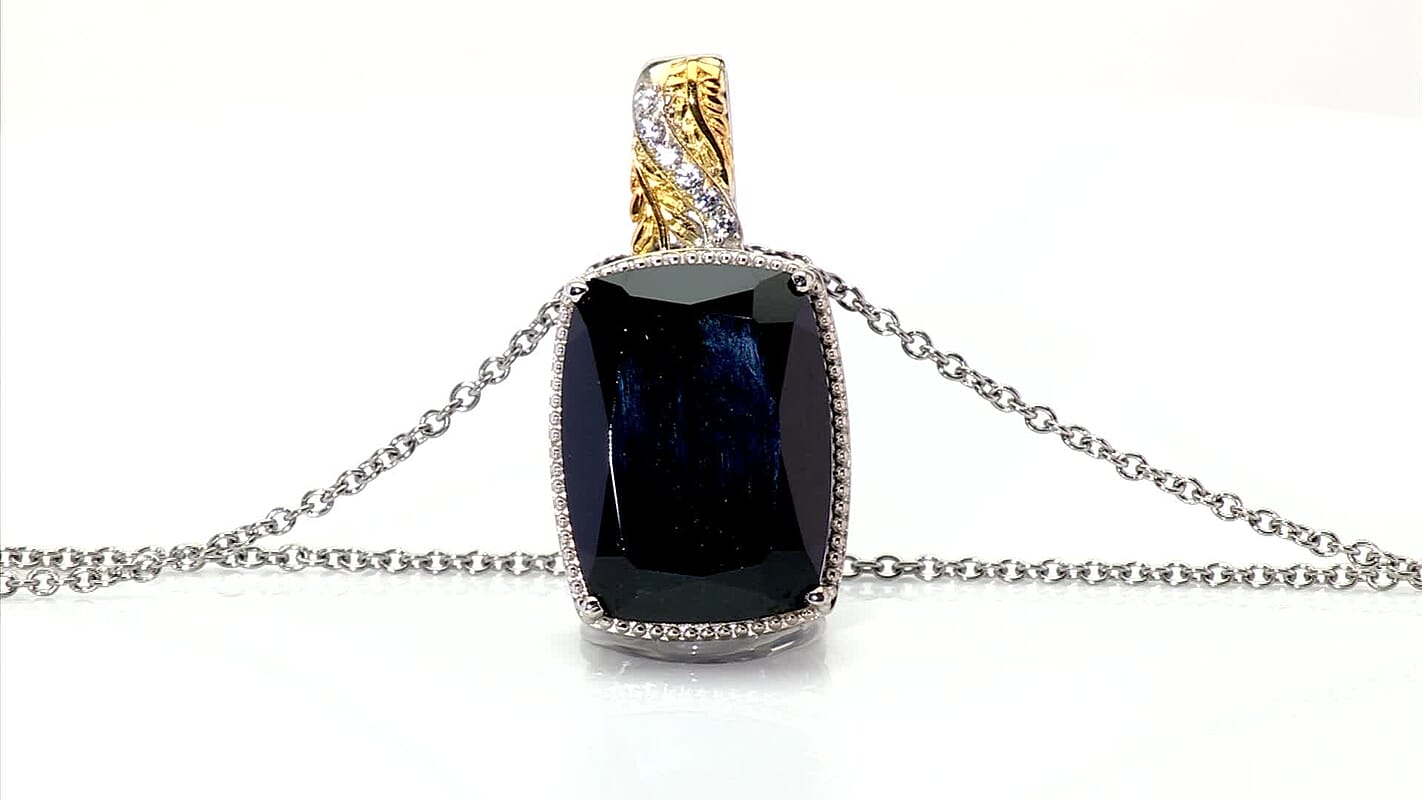 EverTrue Thai Black Spinel and White Zircon 21 ctw Leafwork Pendant in Platinum Bond with Stainless Steel Necklace 20 Inches