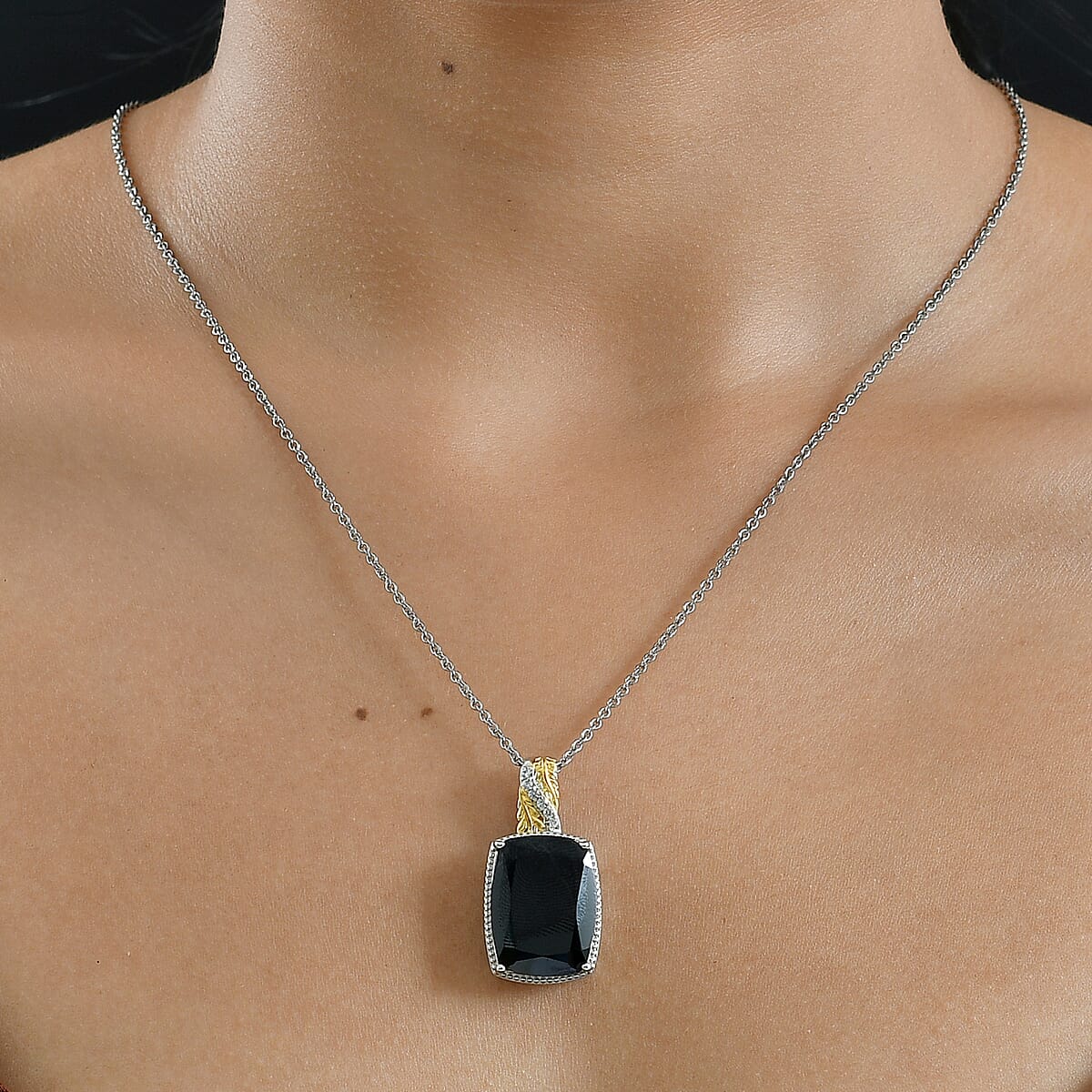 EverTrue Thai Black Spinel and White Zircon 21 ctw Leafwork Pendant in Platinum Bond with Stainless Steel Necklace 20 Inches image number 2