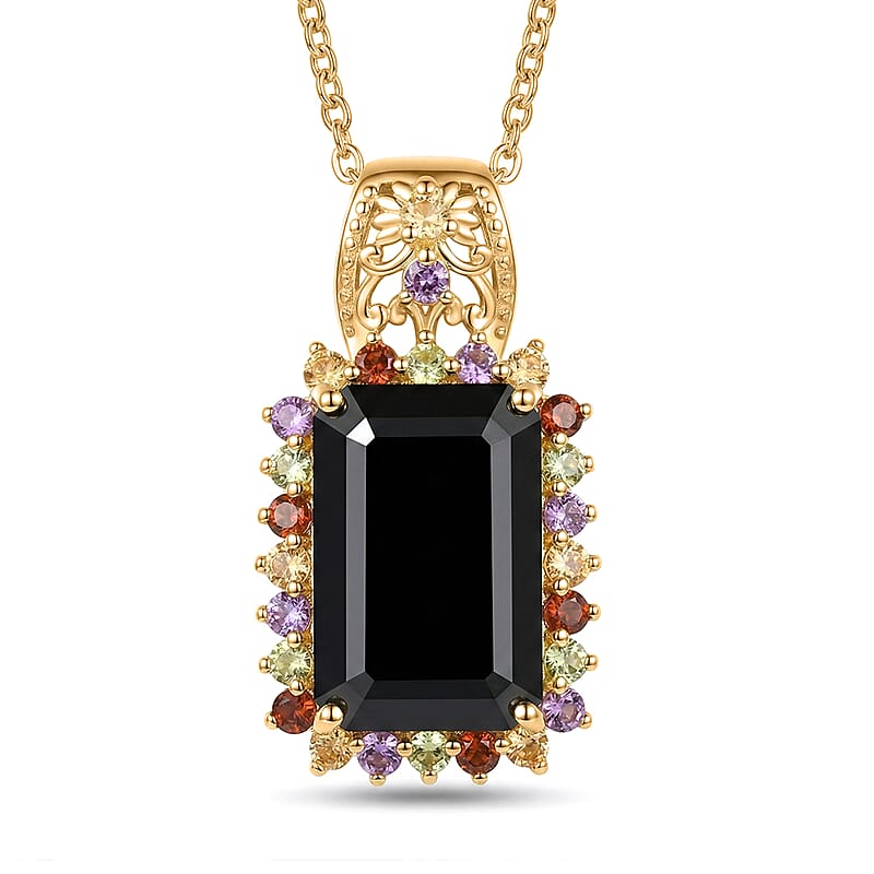 EverTrue D'Joy Thai Black Spinel and Multi Gemstone 10.80 ctw Night Bloom Pendant in 18K YG Plated with ION Plated YG Stainless Steel Necklace (20 Inches)