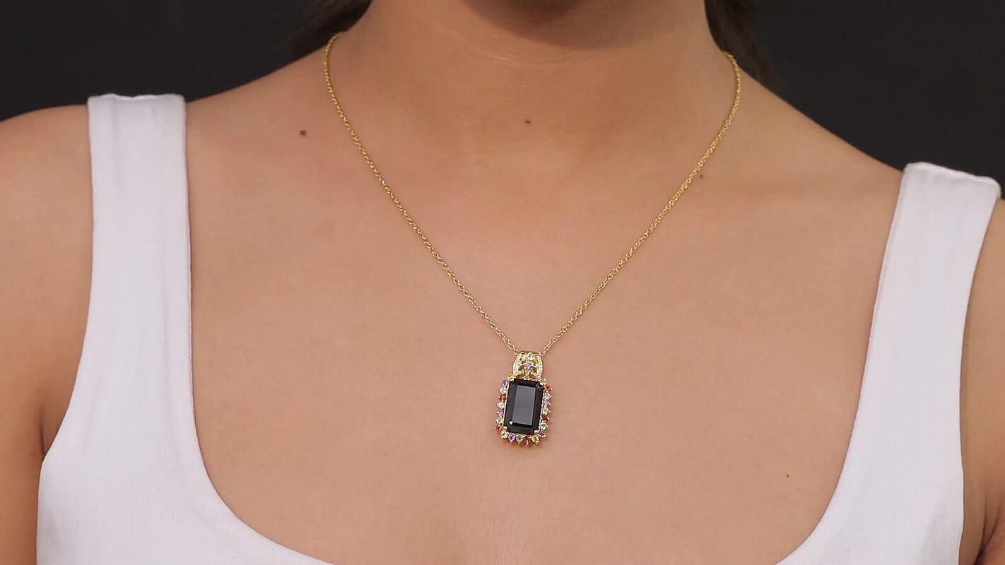 EverTrue D'Joy Thai Black Spinel and Multi Gemstone 10.80 ctw Night Bloom Pendant in 18K YG Plated with ION Plated YG Stainless Steel Necklace (20 Inches)