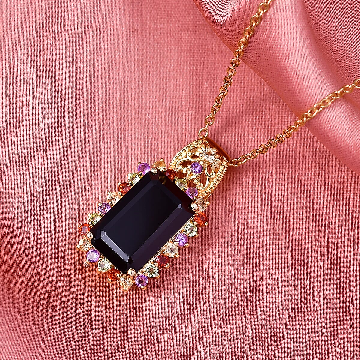 EverTrue D'Joy Thai Black Spinel and Multi Gemstone 10.80 ctw Night Bloom Pendant in 18K YG Plated with ION Plated YG Stainless Steel Necklace (20 Inches) (Del. in 7-10 Days) image number 1