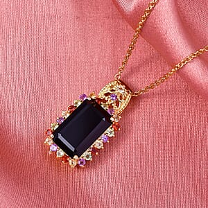EverTrue D'Joy Thai Black Spinel and Multi Gemstone 10.80 ctw Night Bloom Pendant in 18K YG Plated with ION Plated YG Stainless Steel Necklace (20 Inches) (Del. in 7-10 Days)