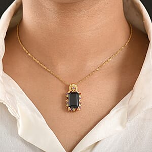 EverTrue D'Joy Thai Black Spinel and Multi Gemstone 10.80 ctw Night Bloom Pendant in 18K YG Plated with ION Plated YG Stainless Steel Necklace (20 Inches) (Del. in 7-10 Days)