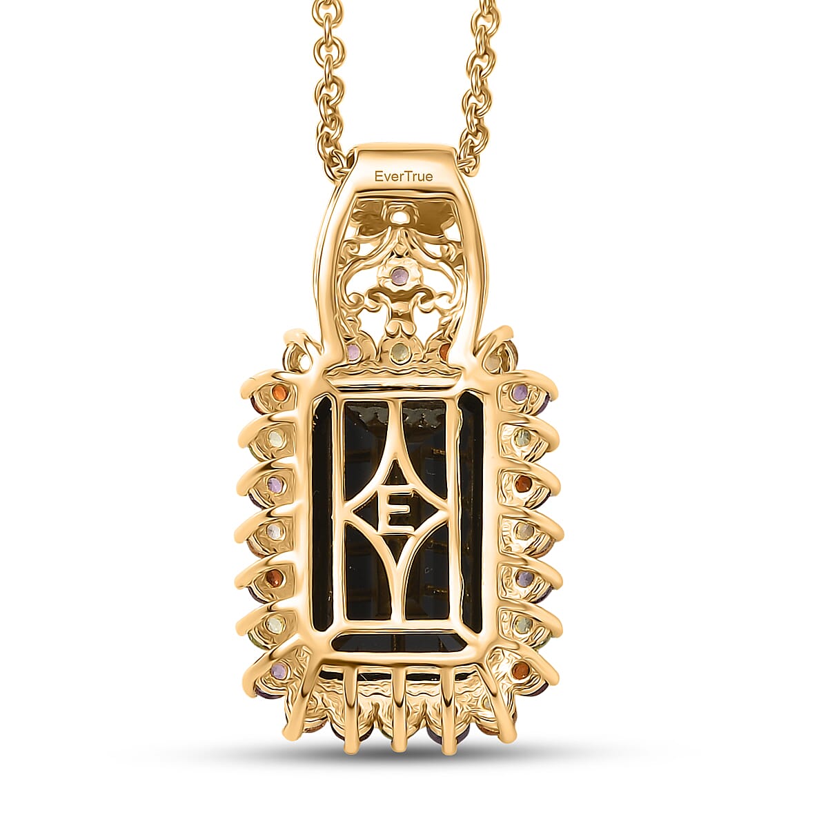 EverTrue D'Joy Thai Black Spinel and Multi Gemstone 10.80 ctw Night Bloom Pendant in 18K YG Plated with ION Plated YG Stainless Steel Necklace (20 Inches)