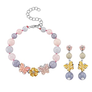 D'Joy Multi Color Mother of Pearl, Multi Beryl 48.00 ctw Bracelet (6.50-8.50In) and Earrings in Rhodium Over Sterling Silver