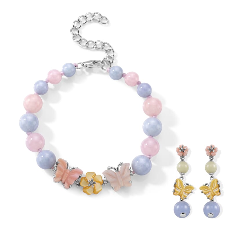 D'Joy Jardin Collection Multi Color Mother of Pearl, Multi Beryl 78.00 ctw Butterfly and Flower Bracelet (6.50-8.50In) and Earrings in Rhodium Over Sterling Silver