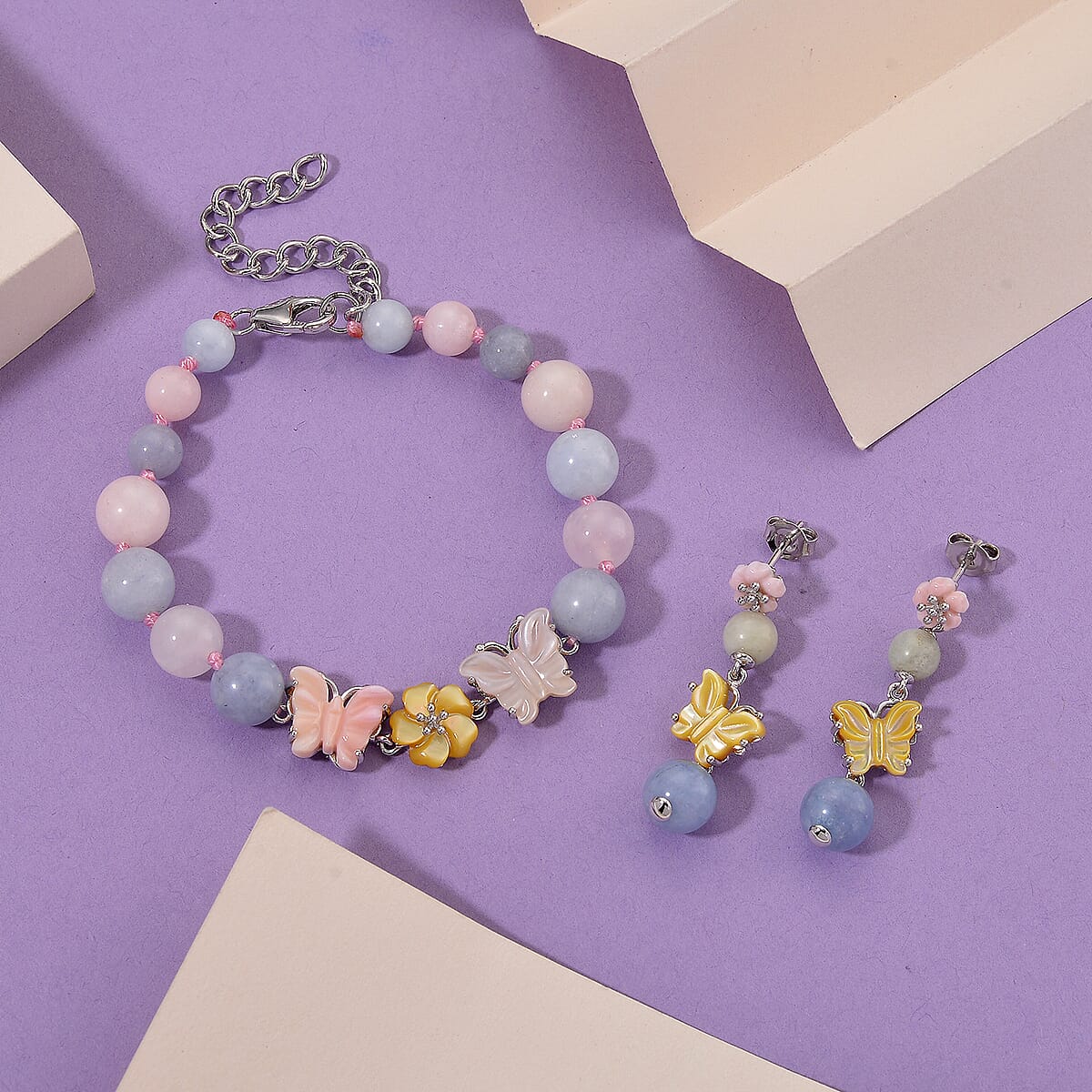 D'Joy Multi Color Mother of Pearl, Multi Beryl 48.00 ctw Bracelet (6.50-8.50In) and Earrings in Rhodium Over Sterling Silver image number 1