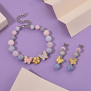 D'Joy Multi Color Mother of Pearl, Multi Beryl 48.00 ctw Bracelet (6.50-8.50In) and Earrings in Rhodium Over Sterling Silver