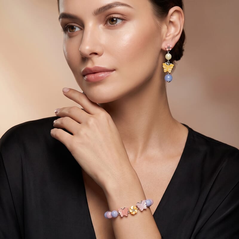 D'Joy Jardin Collection Multi Color Mother of Pearl, Multi Beryl 78.00 ctw Butterfly and Flower Bracelet (6.50-8.50In) and Earrings in Rhodium Over Sterling Silver