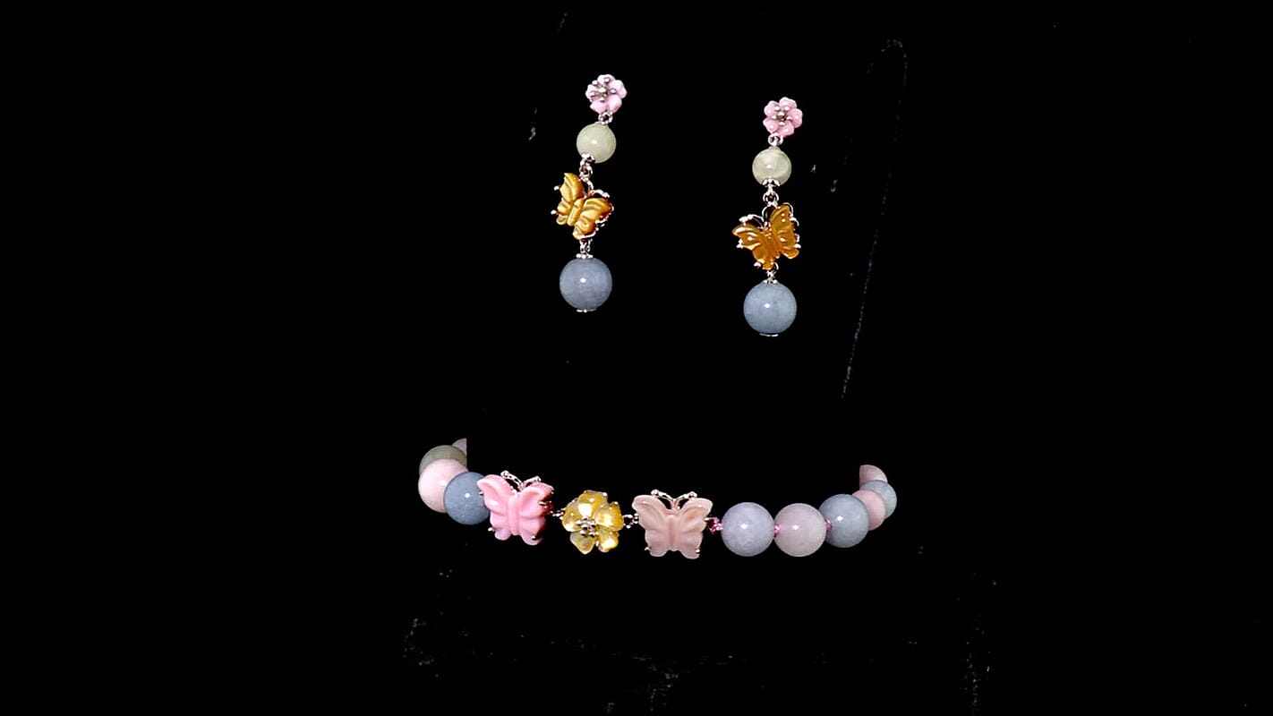 D'Joy Multi Color Mother of Pearl, Multi Beryl 78.00 ctw Bracelet (6.50-8.50In) and Earrings in Rhodium Over Sterling Silver