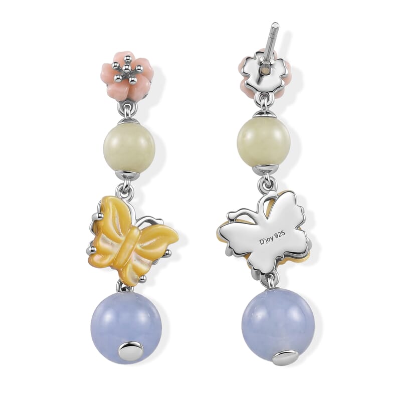 D'Joy Jardin Collection Multi Color Mother of Pearl, Multi Beryl 78.00 ctw Butterfly and Flower Bracelet (6.50-8.50In) and Earrings in Rhodium Over Sterling Silver