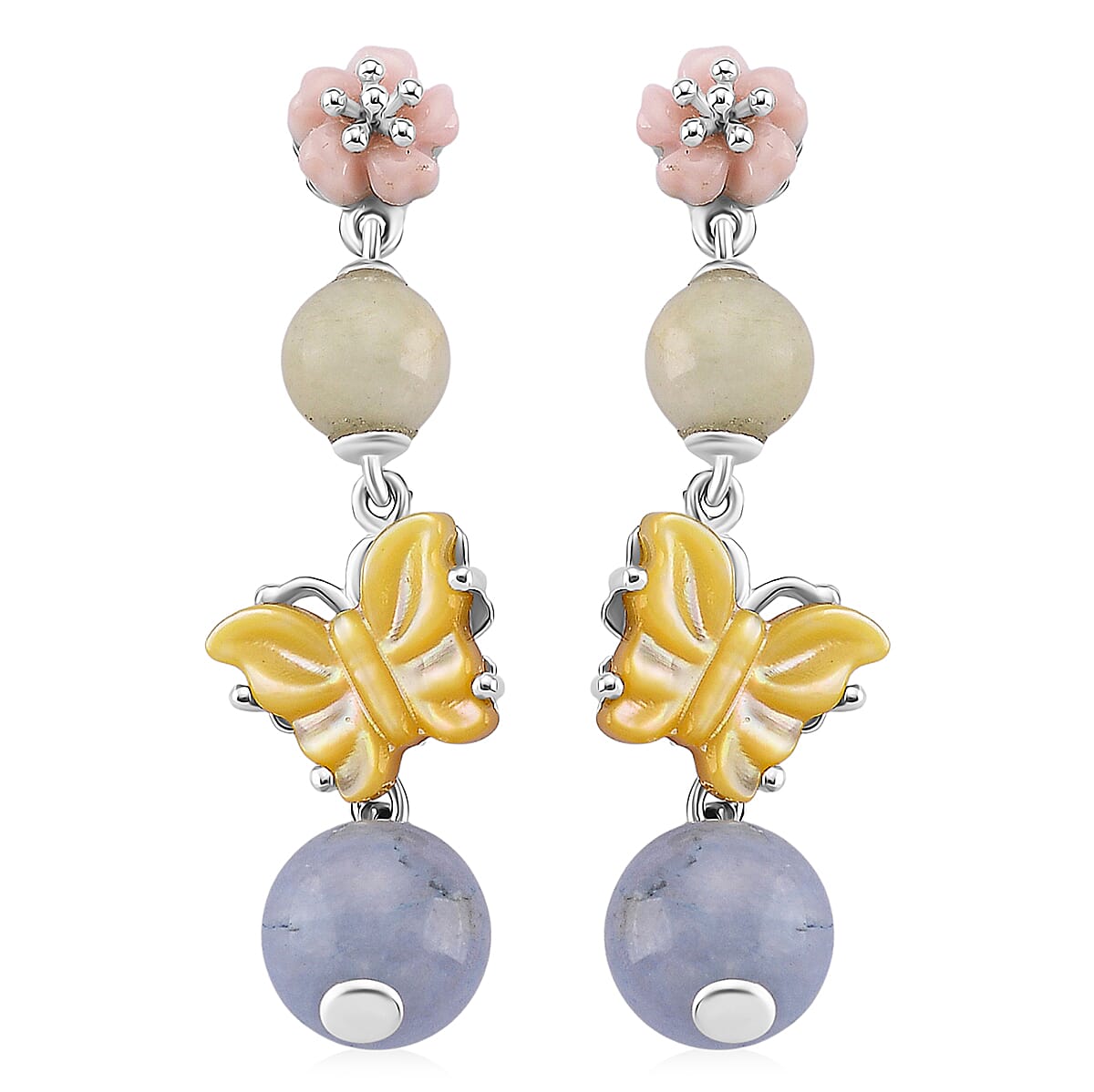 D'Joy Multi Color Mother of Pearl, Multi Beryl 78.00 ctw Bracelet (6.50-8.50In) and Earrings in Rhodium Over Sterling Silver