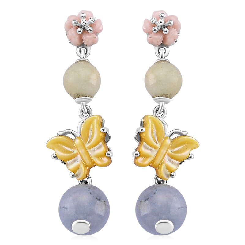 D'Joy Jardin Collection Multi Color Mother of Pearl, Multi Beryl 78.00 ctw Butterfly and Flower Bracelet (6.50-8.50In) and Earrings in Rhodium Over Sterling Silver
