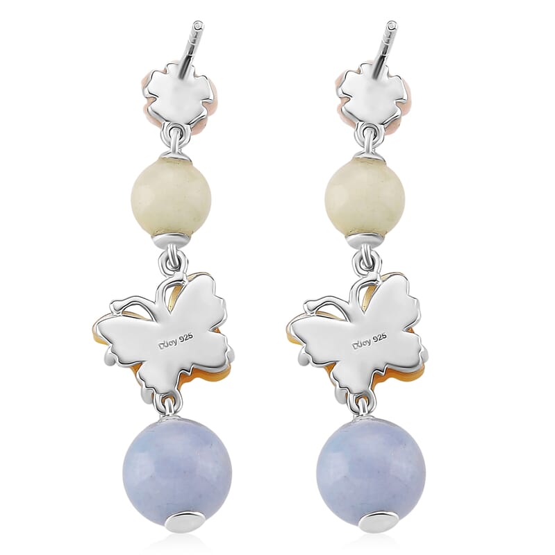 D'Joy Jardin Collection Multi Color Mother of Pearl, Multi Beryl 78.00 ctw Butterfly and Flower Bracelet (6.50-8.50In) and Earrings in Rhodium Over Sterling Silver