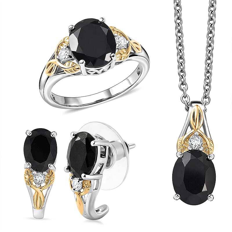 EverTrue Thai Black Spinel 9.50 ctw Two Tone Box Set Earrings, Ring (Size 5.0) and Pendant in 18K YG Plated and Platinum Bond with Stainless Steel Necklace (20 Inches)