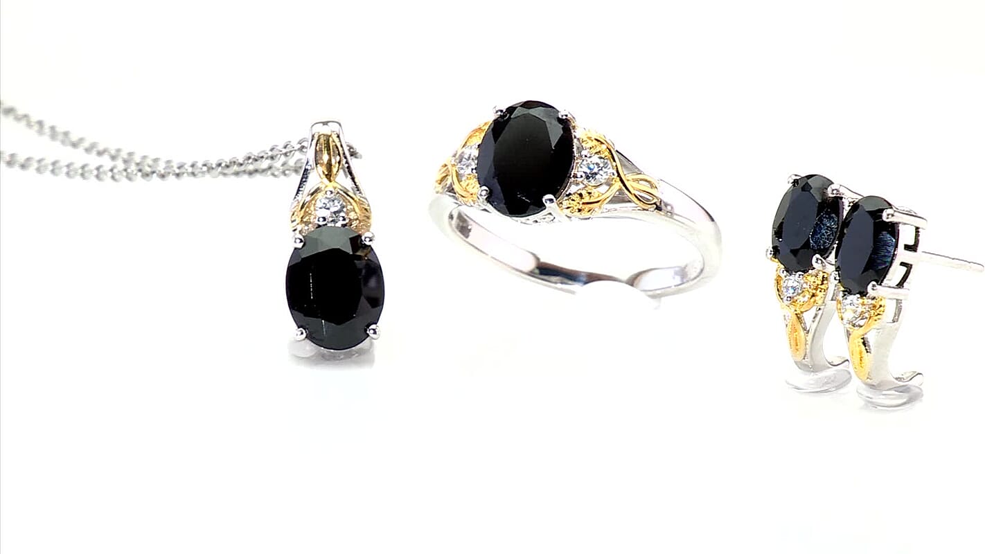 3 Piece Set - EverTrue Thai Black Spinel, White Zircon Midnight Forest Leaf Earrings, Ring (Size 5) and Pendant in Platinum Bond with Stainless Steel Necklace (20 Inches) 9.50 ctw
