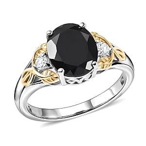 3 Piece Set - EverTrue Thai Black Spinel and White Zircon 9.50 ctw Midnight Forest Leaf Earrings, Ring (Size 5) and Pendant in 18K YG Plated and Platinum Bond with Stainless Steel Necklace 20 Inches