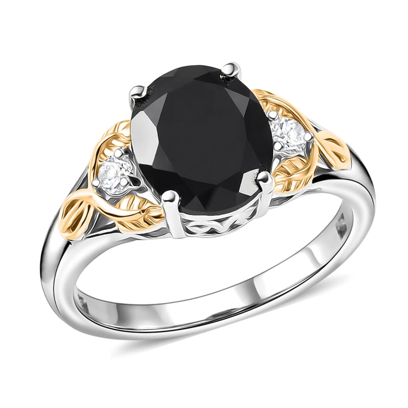 EverTrue Thai Black Spinel 9.50 ctw Two Tone Box Set Earrings, Ring (Size 5.0) and Pendant in 18K YG Plated and Platinum Bond with Stainless Steel Necklace (20 Inches)