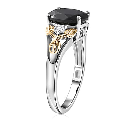 EverTrue Thai Black Spinel 9.50 ctw Two Tone Box Set Earrings, Ring (Size 5.0) and Pendant in 18K YG Plated and Platinum Bond with Stainless Steel Necklace (20 Inches)