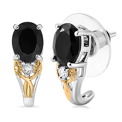 EverTrue Thai Black Spinel 9.50 ctw Two Tone Box Set Earrings, Ring (Size 5.0) and Pendant in 18K YG Plated and Platinum Bond with Stainless Steel Necklace (20 Inches)