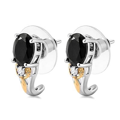 EverTrue Thai Black Spinel 9.50 ctw Two Tone Box Set Earrings, Ring (Size 5.0) and Pendant in 18K YG Plated and Platinum Bond with Stainless Steel Necklace (20 Inches)
