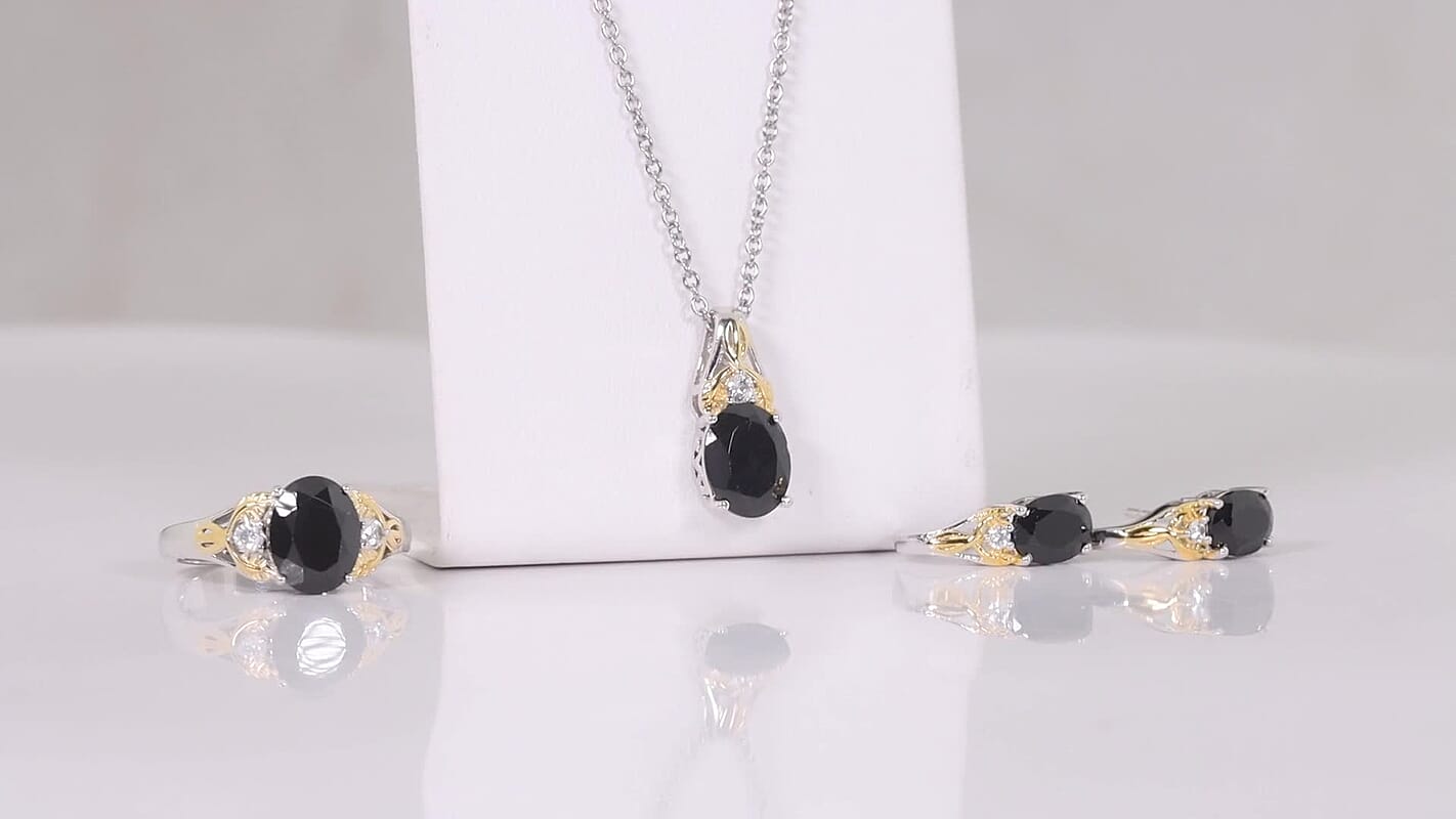 3 Piece Set - EverTrue Thai Black Spinel, White Zircon Midnight Forest Leaf Earrings, Ring (Size 5) and Pendant in Platinum Bond with Stainless Steel Necklace (20 Inches) 9.50 ctw