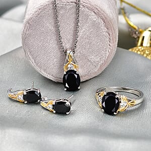 3 Piece Set - EverTrue Thai Black Spinel and White Zircon 9.50 ctw Midnight Forest Leaf Earrings, Ring (Size 6) and Pendant in 18K YG Plated and Platinum Bond with Stainless Steel Necklace 20 Inches