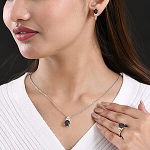 3 Piece Set - EverTrue Thai Black Spinel and White Zircon 9.50 ctw Midnight Forest Leaf Earrings, Ring (Size 6) and Pendant in 18K YG Plated and Platinum Bond with Stainless Steel Necklace 20 Inches