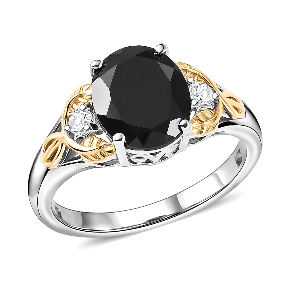EverTrue Thai Black Spinel 9.50 ctw Two Tone Box Set Earrings, Ring (Size 8.0) and Pendant in 18K YG Plated and Platinum Bond with Stainless Steel Necklace (20 Inches)