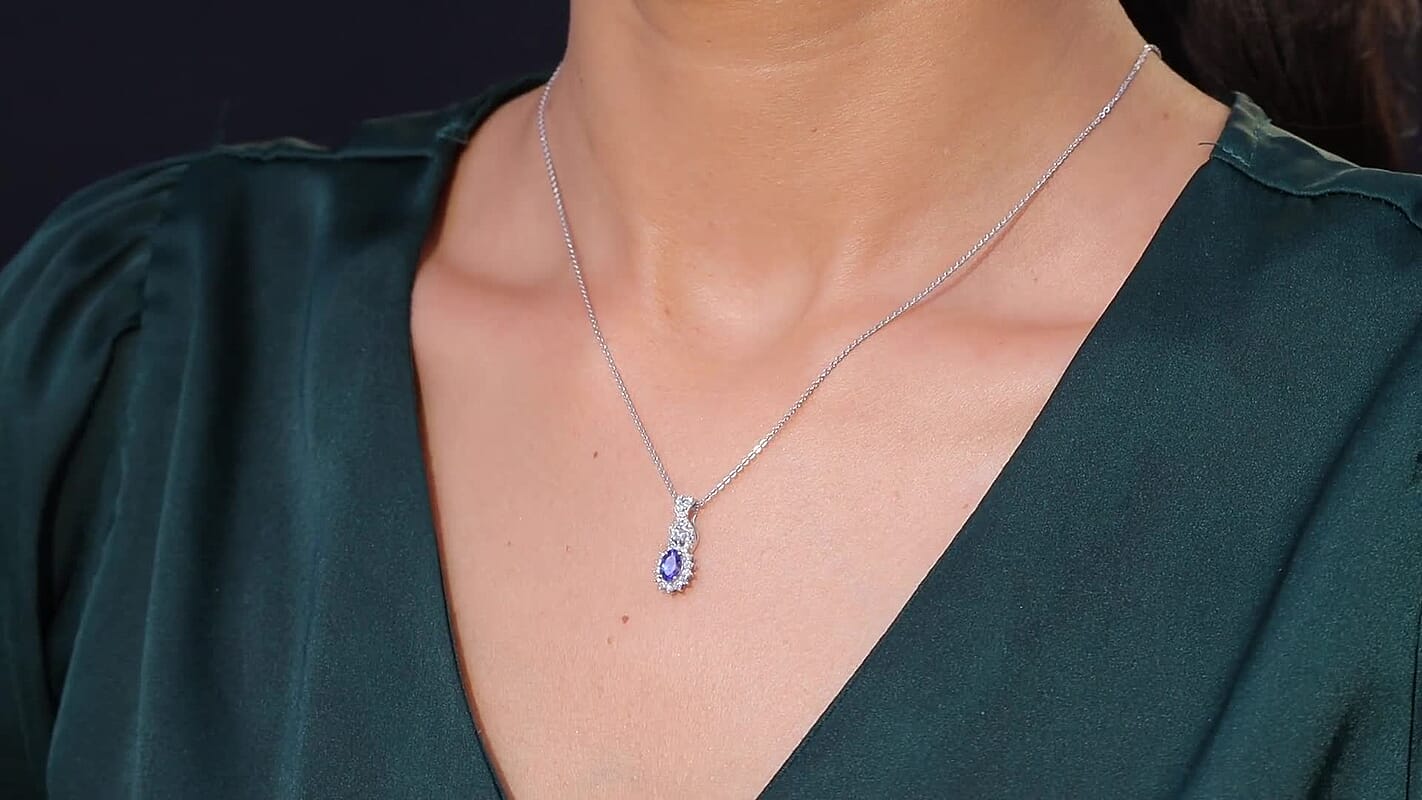 D'Joy AAA Tanzanite, Moissanite Pendant Necklace in Rhodium Over Sterling Silver 0.85 ctw  (20 Inches)