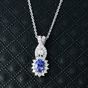 D'Joy AAA Tanzanite, Moissanite Pendant Necklace in Rhodium Over Sterling Silver 0.85 ctw  (20 Inches)