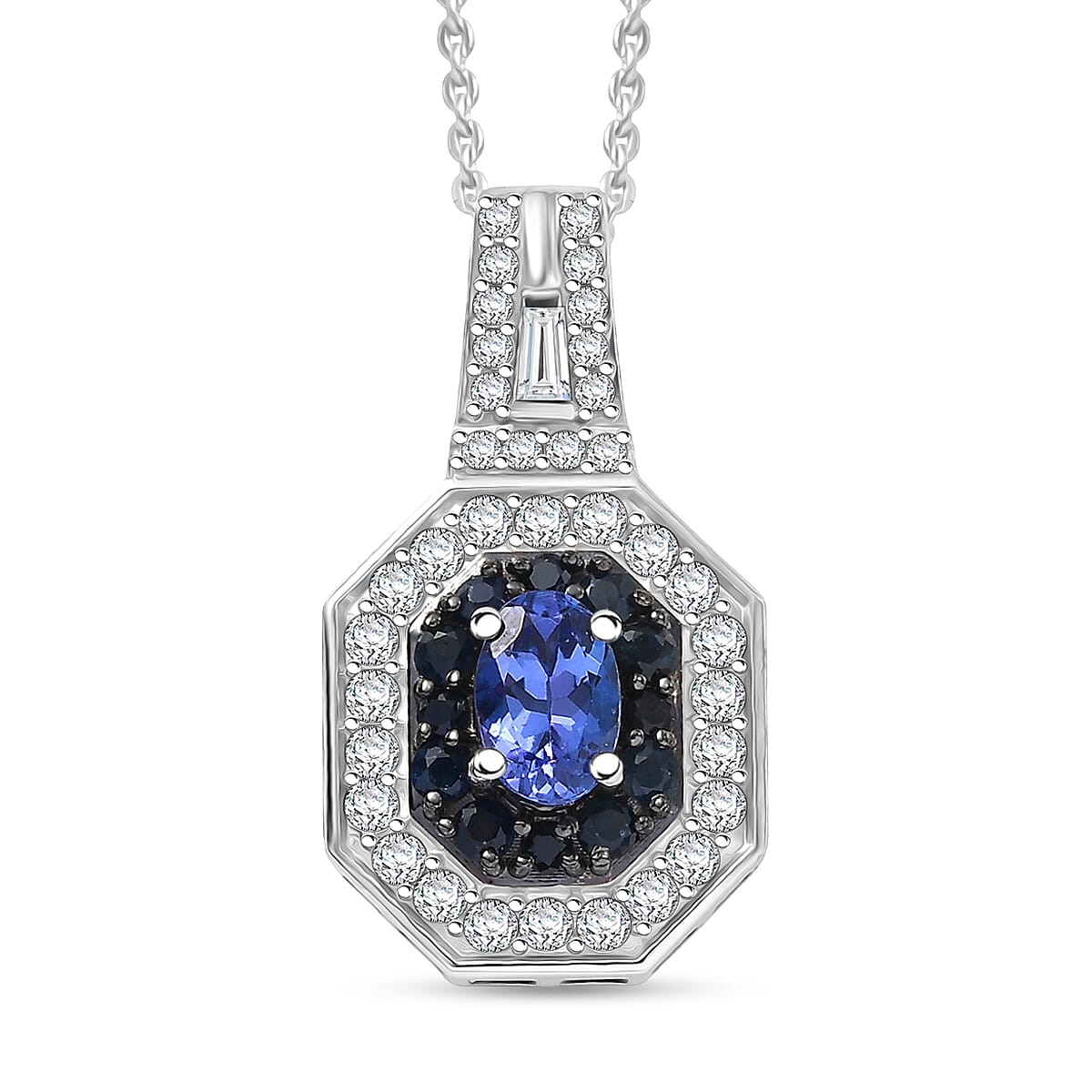 D'Joy AAA Tanzanite and Multi Gemstone 1.30 ctw Royale Halo Pendant Necklace in Rhodium Over Sterling Silver 20 Inches image number 0