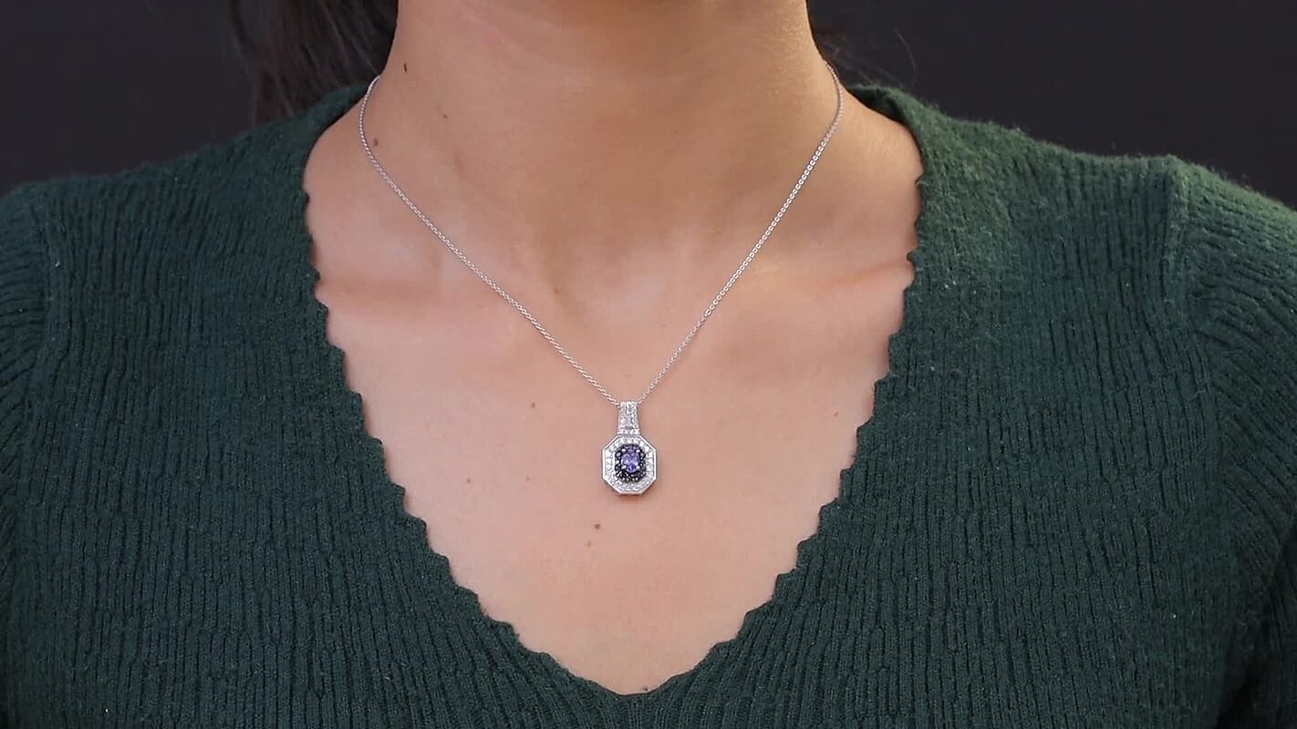D'Joy AAA Tanzanite, Multi Gemstone Halo Pendant Necklace in Rhodium Over Sterling Silver 1.30 ctw  (20 Inches)