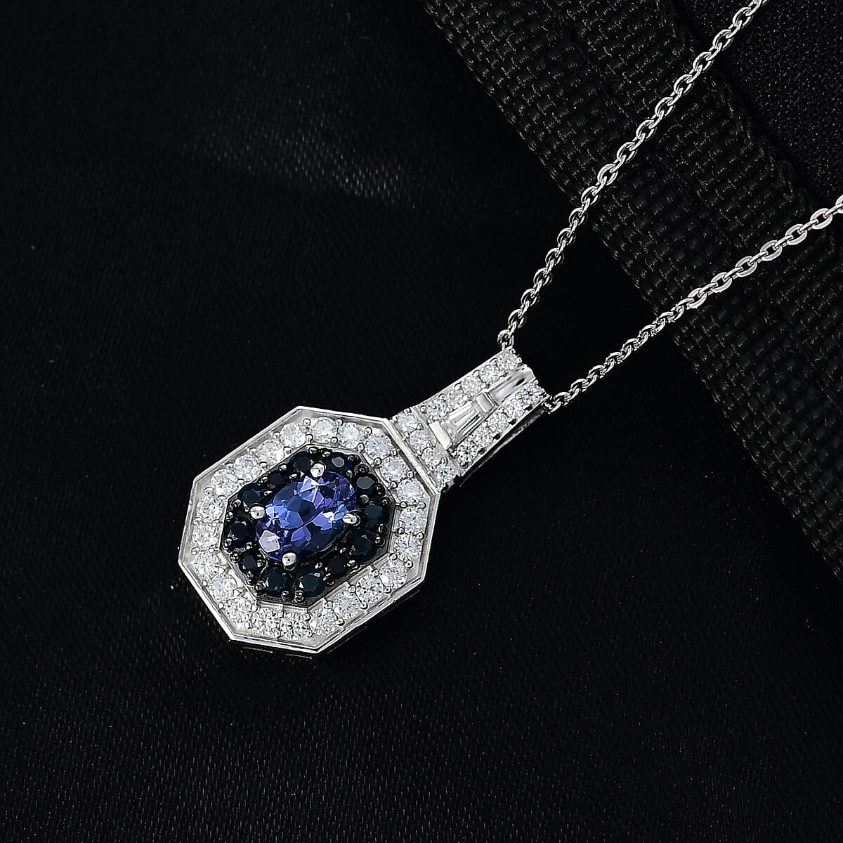 D'Joy AAA Tanzanite and Multi Gemstone 1.30 ctw Royale Halo Pendant Necklace in Rhodium Over Sterling Silver 20 Inches image number 1