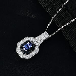 D'Joy AAA Tanzanite, Multi Gemstone Halo Pendant Necklace in Rhodium Over Sterling Silver 1.30 ctw  (20 Inches)