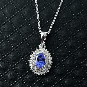 D'Joy AAA Tanzanite, Diamond Pendant Necklace in Rhodium Over Sterling Silver 1.10 ctw (20 Inches)