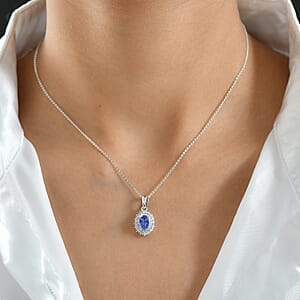 D'Joy AAA Tanzanite, Diamond Pendant Necklace in Rhodium Over Sterling Silver 1.10 ctw (20 Inches)